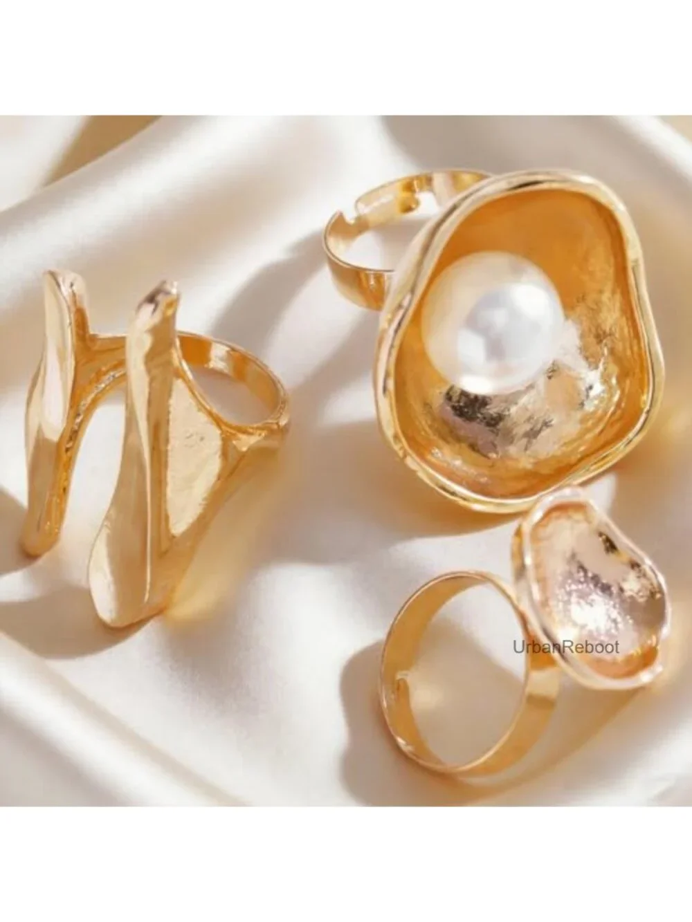 Chunky Gold Bowl Liquid Lava Knuckle Ring Set, Pearl Inlay Open Rings for